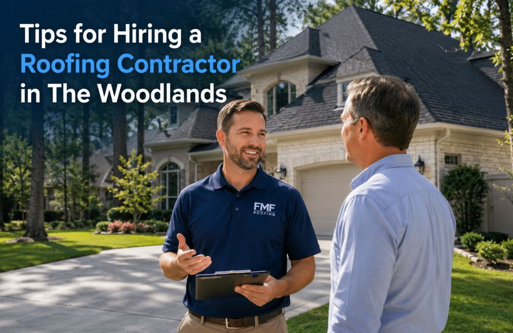 FMF Roofing contractor speaking with a homeowner outside a home in The Woodlands about roof repair and replacement