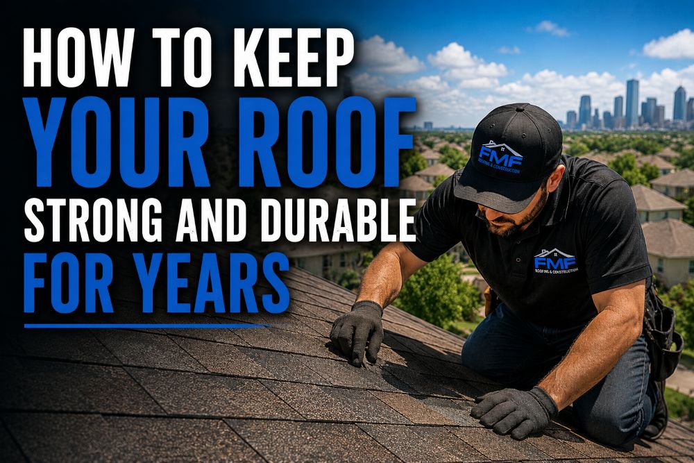 FMF Roofing contractor inspecting asphalt shingles on a Houston home for roof maintenance