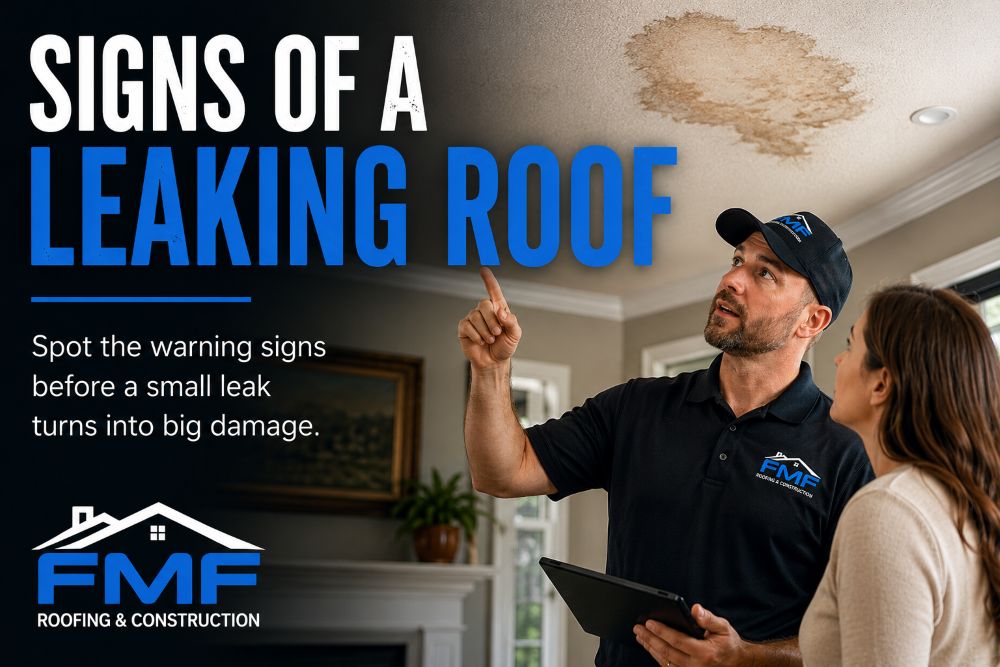FMF Roofing contractor showing a Houston homeowner a ceiling stain caused by a leaking roof