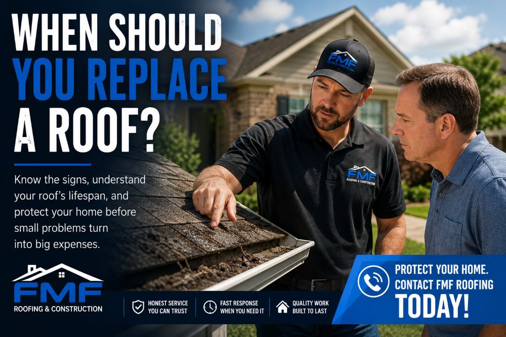 FMF Roofing contractor showing a Houston homeowner worn shingles during a roof replacement inspection